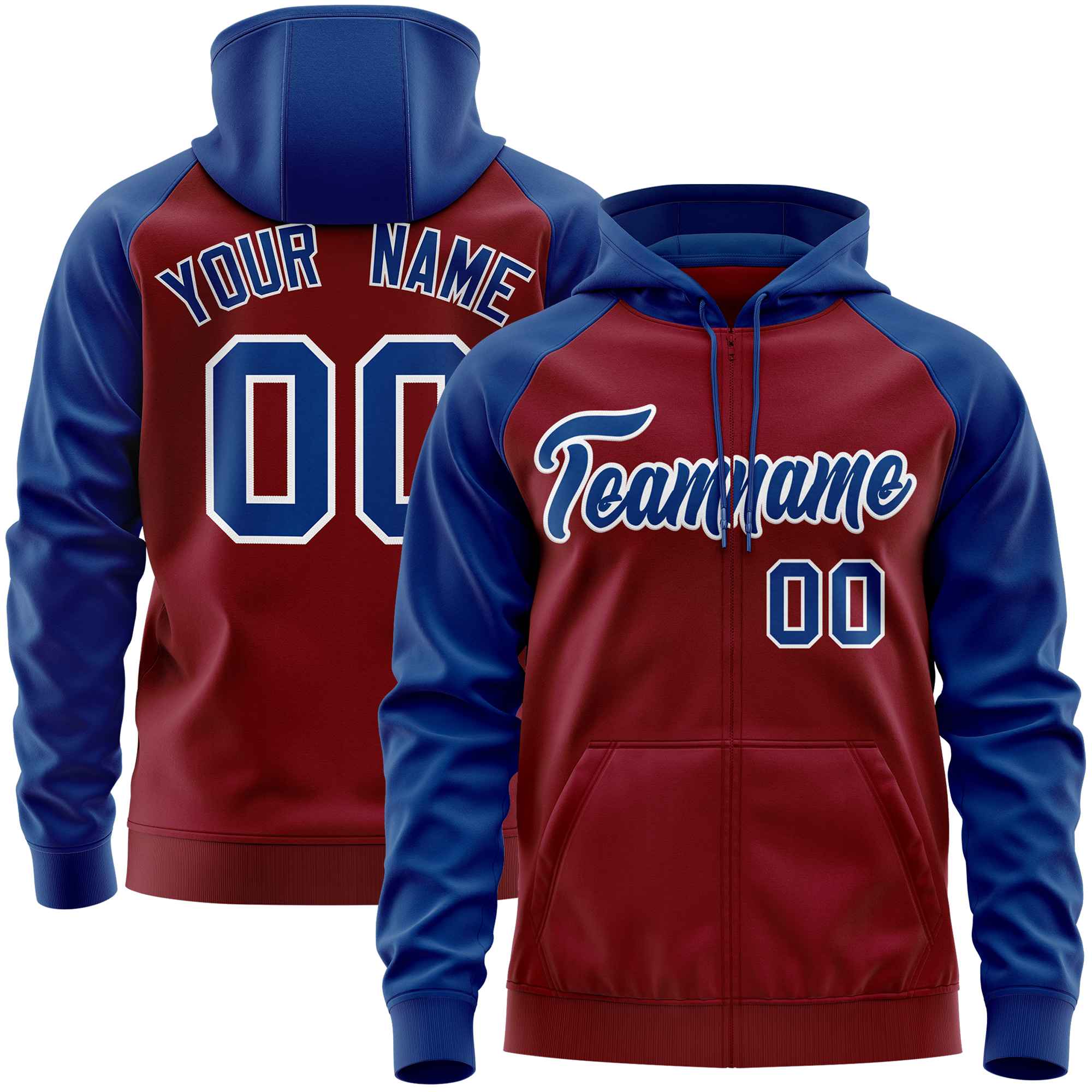 Custom Stitched Crimson Royal Raglan Sleeves Sports Full-Zip Sweatshirt Hoodie