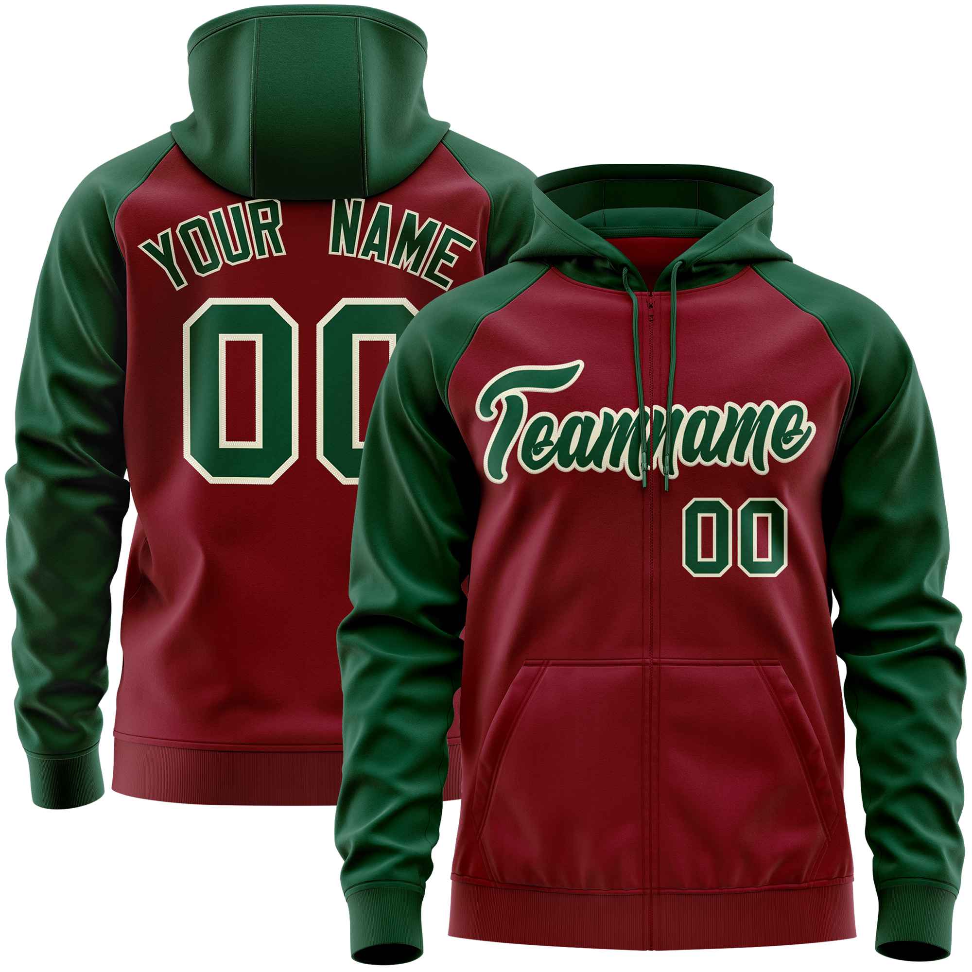 Custom Stitched Crimson Green Raglan Sleeves Sports Full-Zip Sweatshirt Hoodie