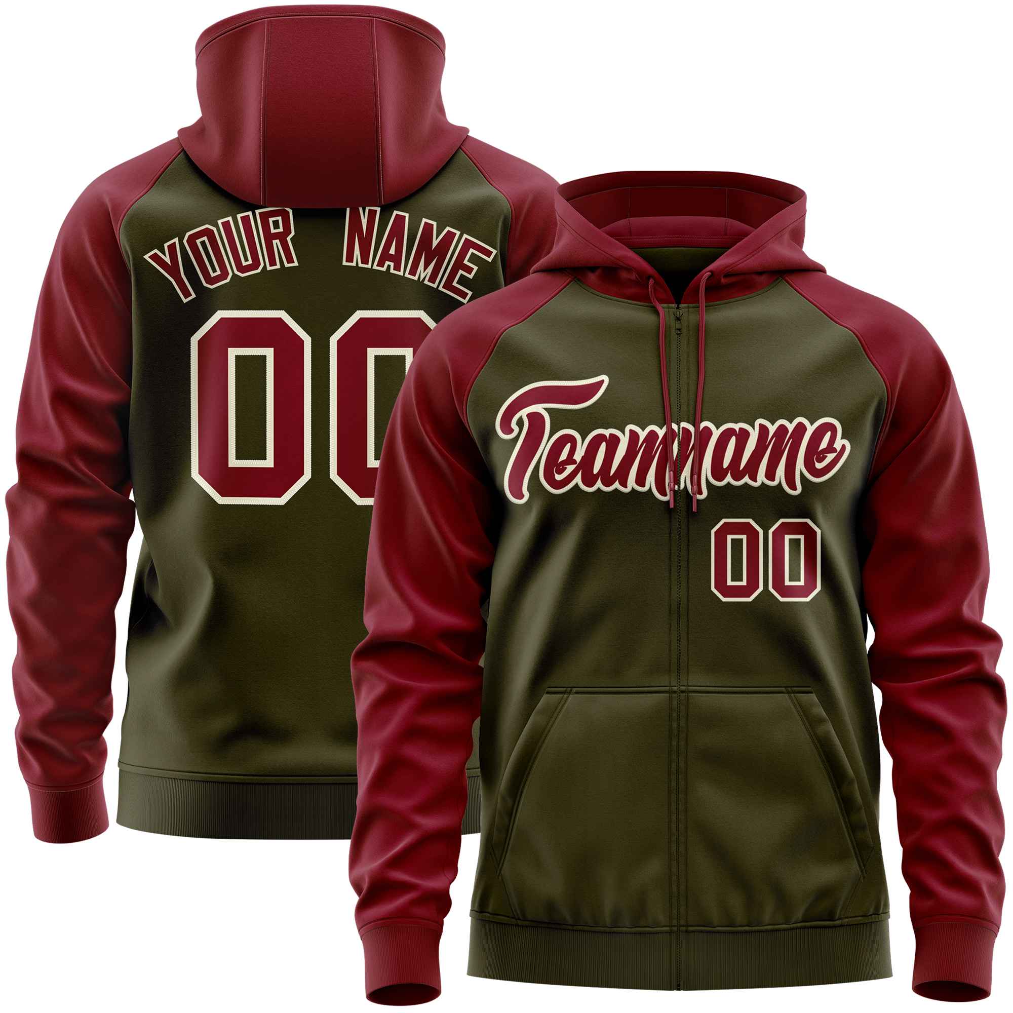 Custom Stitched Olive Crimson Raglan Sleeves Sports Full-Zip Sweatshirt Hoodie