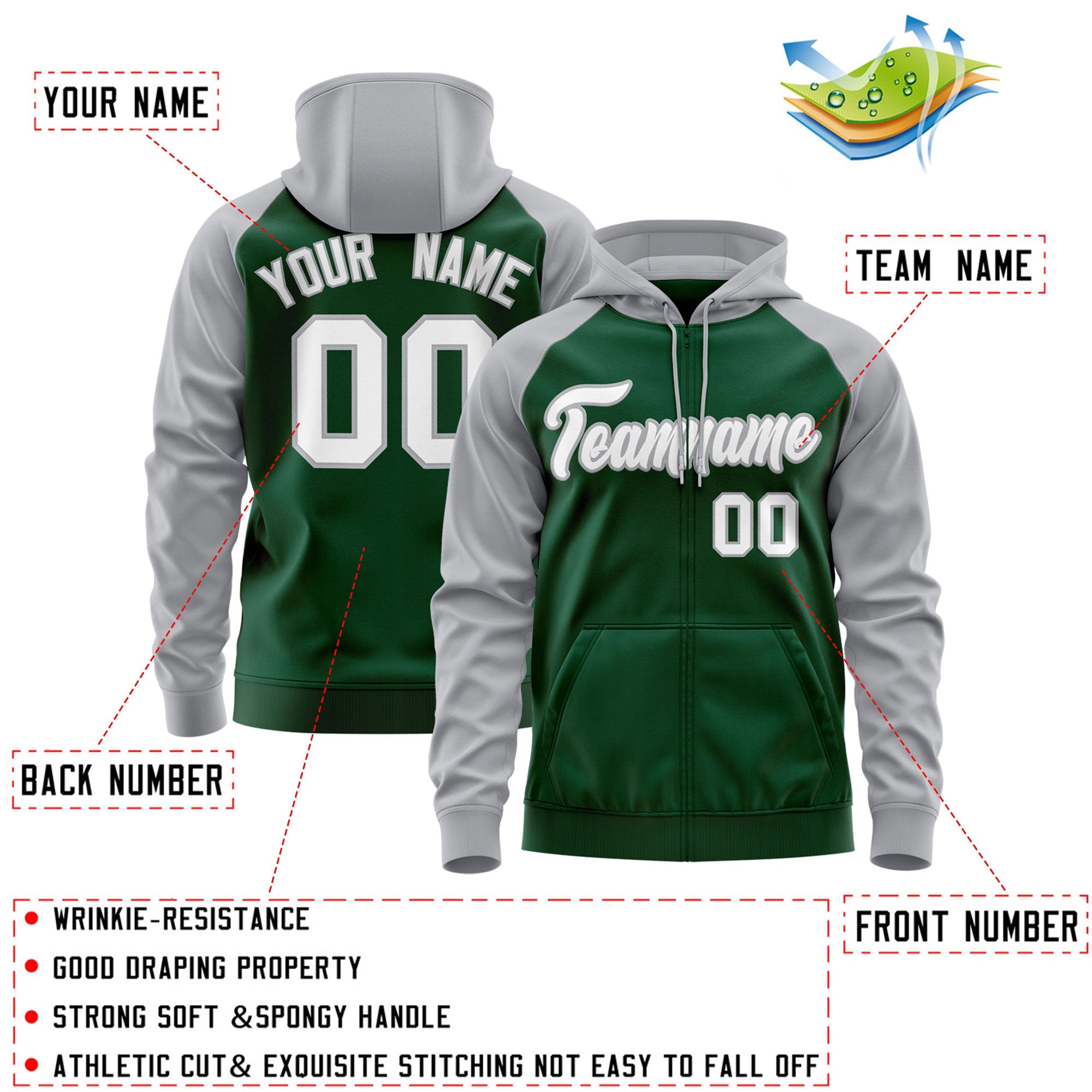 Custom Stitched Green White-Gray Raglan Sleeves Sports Full-Zip Sweatshirt Hoodie