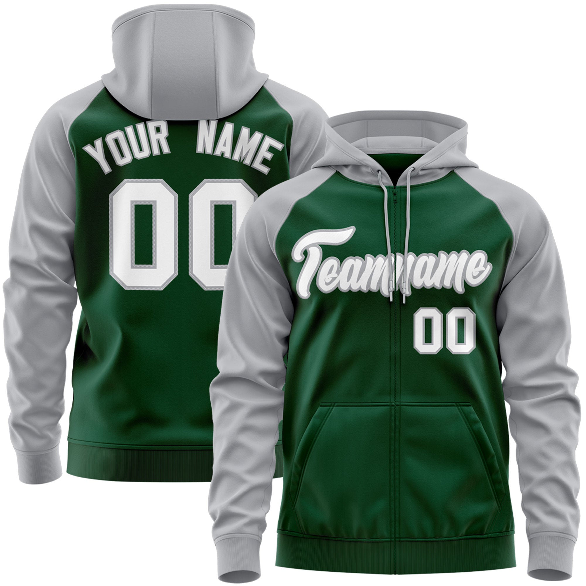 Custom Stitched Green White-Gray Raglan Sleeves Sports Full-Zip Sweatshirt Hoodie