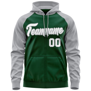 Custom Stitched Green White-Gray Raglan Sleeves Sports Full-Zip Sweatshirt Hoodie