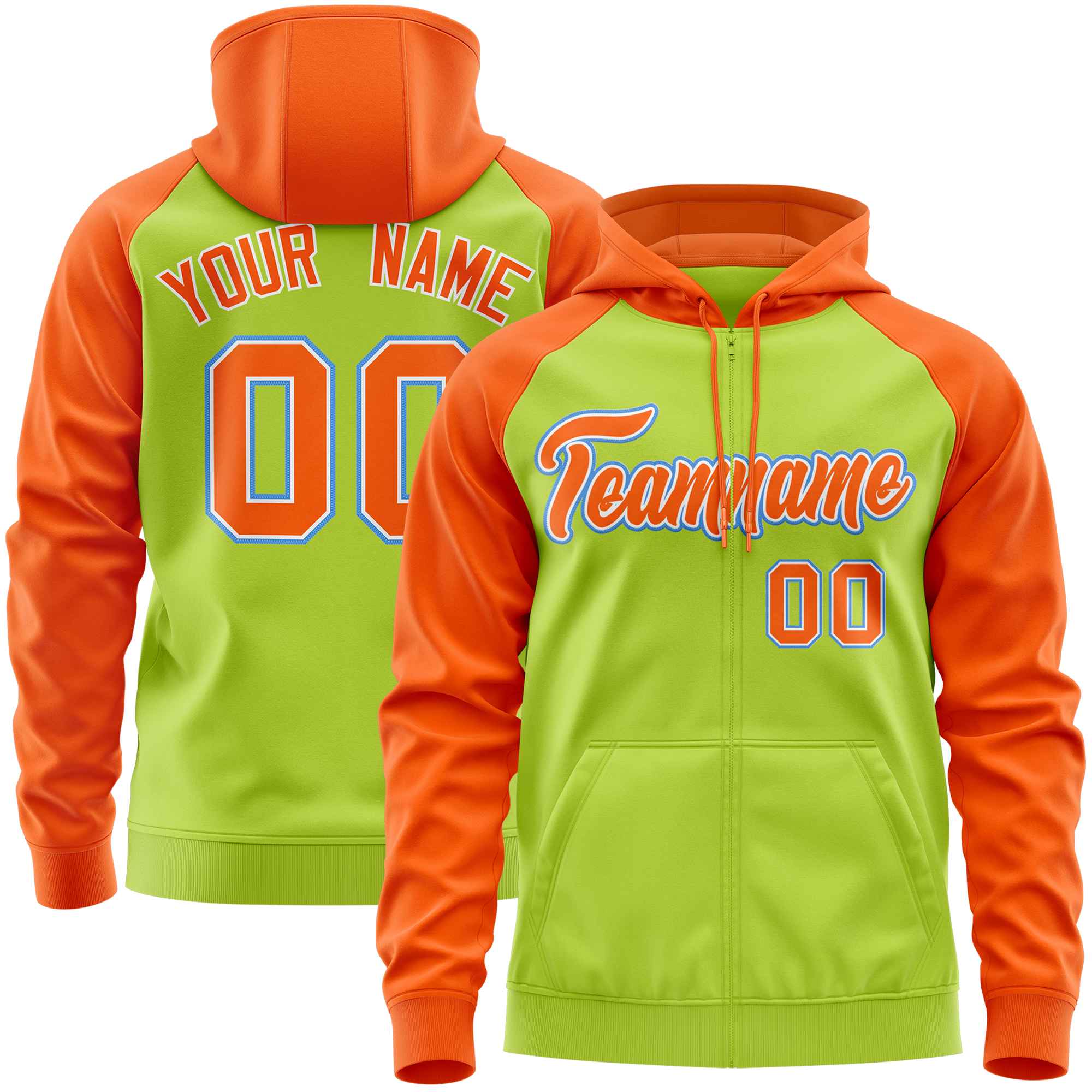 Custom Stitched Neon Green Orange Raglan Sleeves Sports Full-Zip Sweatshirt Hoodie