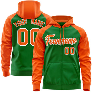 Custom Stitched Kelly Green Orange Raglan Sleeves Sports Full-Zip Sweatshirt Hoodie