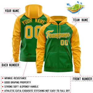 Custom Stitched Kelly Green Gold Raglan Sleeves Sports Full-Zip Sweatshirt Hoodie