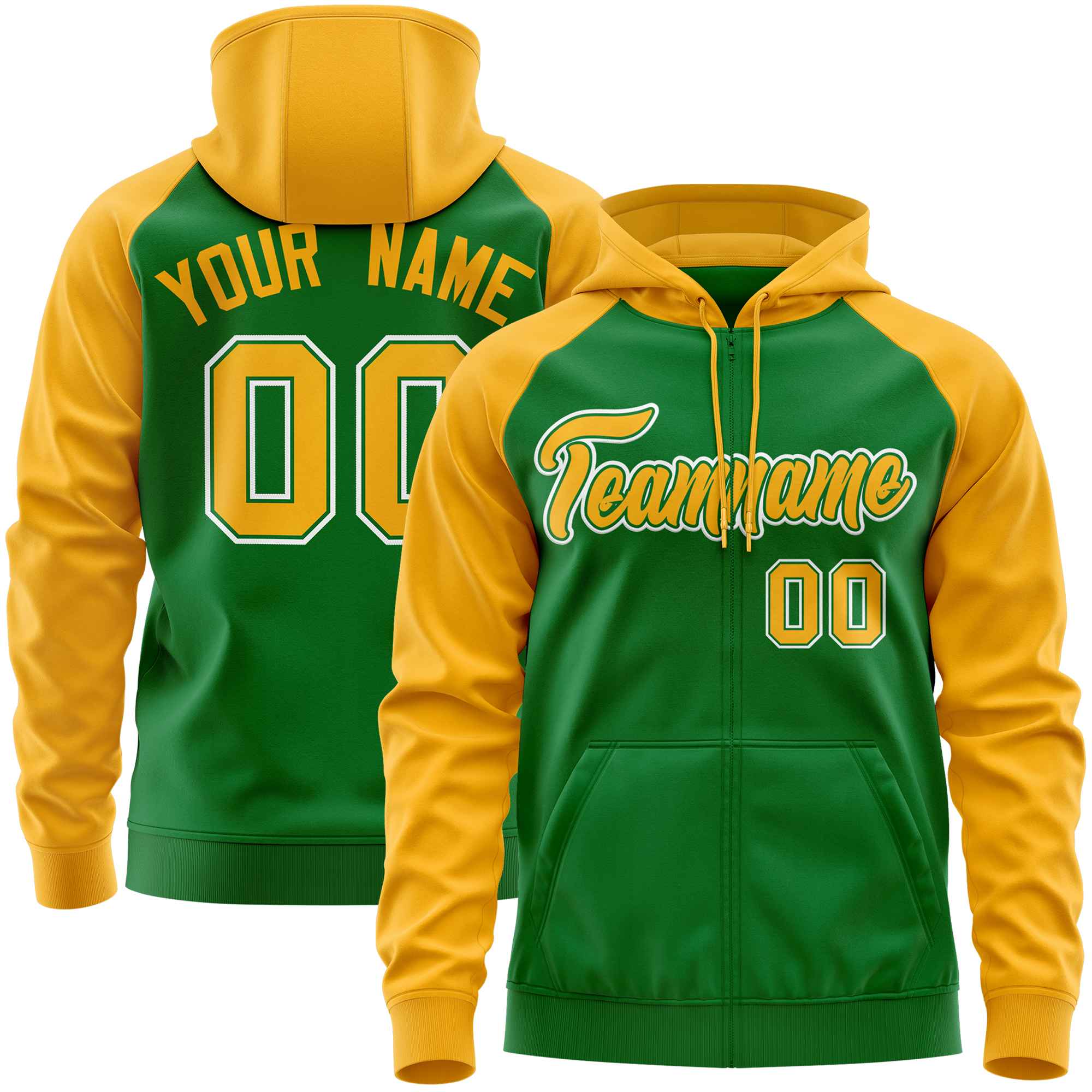 Custom Stitched Kelly Green Gold Raglan Sleeves Sports Full-Zip Sweatshirt Hoodie