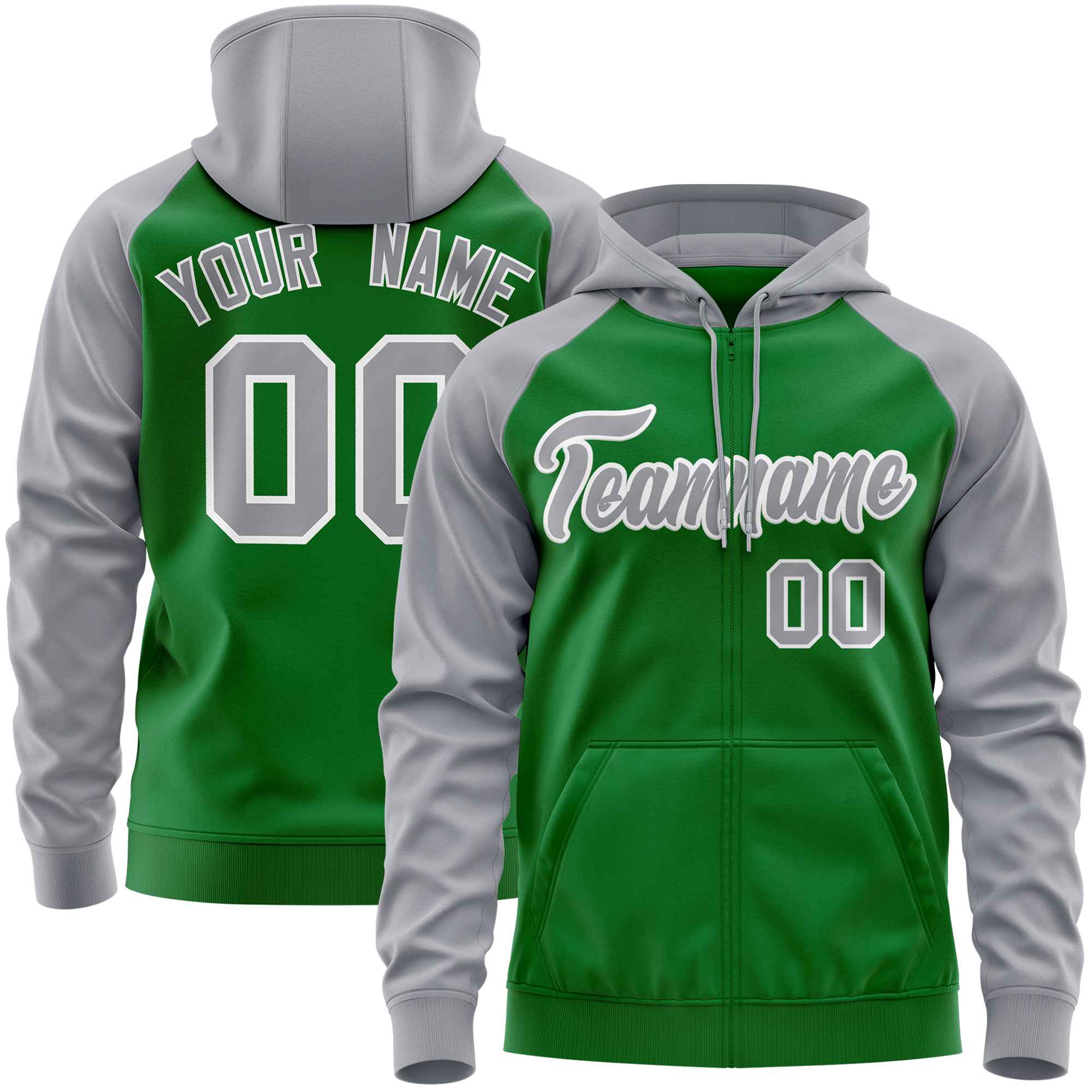 Custom Stitched Kelly Green Light Gray Raglan Sleeves Sports Full-Zip Sweatshirt Hoodie