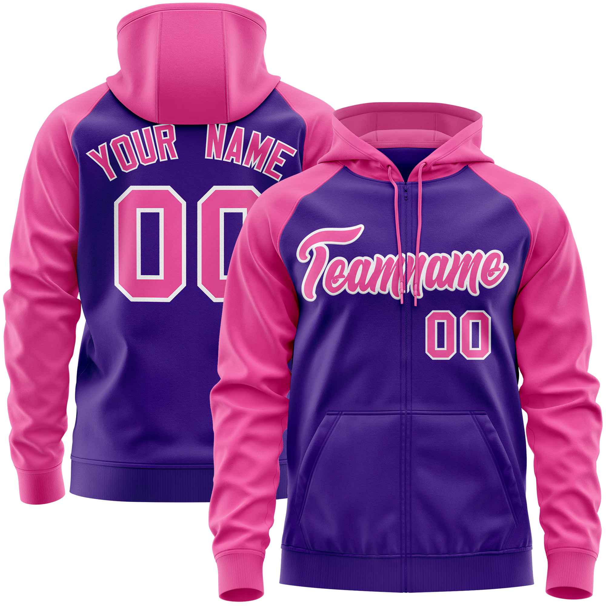 Custom Stitched Purple Pink Raglan Sleeves Sports Full-Zip Sweatshirt Hoodie