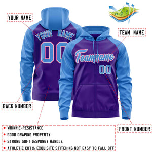 Custom Stitched Purple Powder Blue Raglan Sleeves Sports Full-Zip Sweatshirt Hoodie