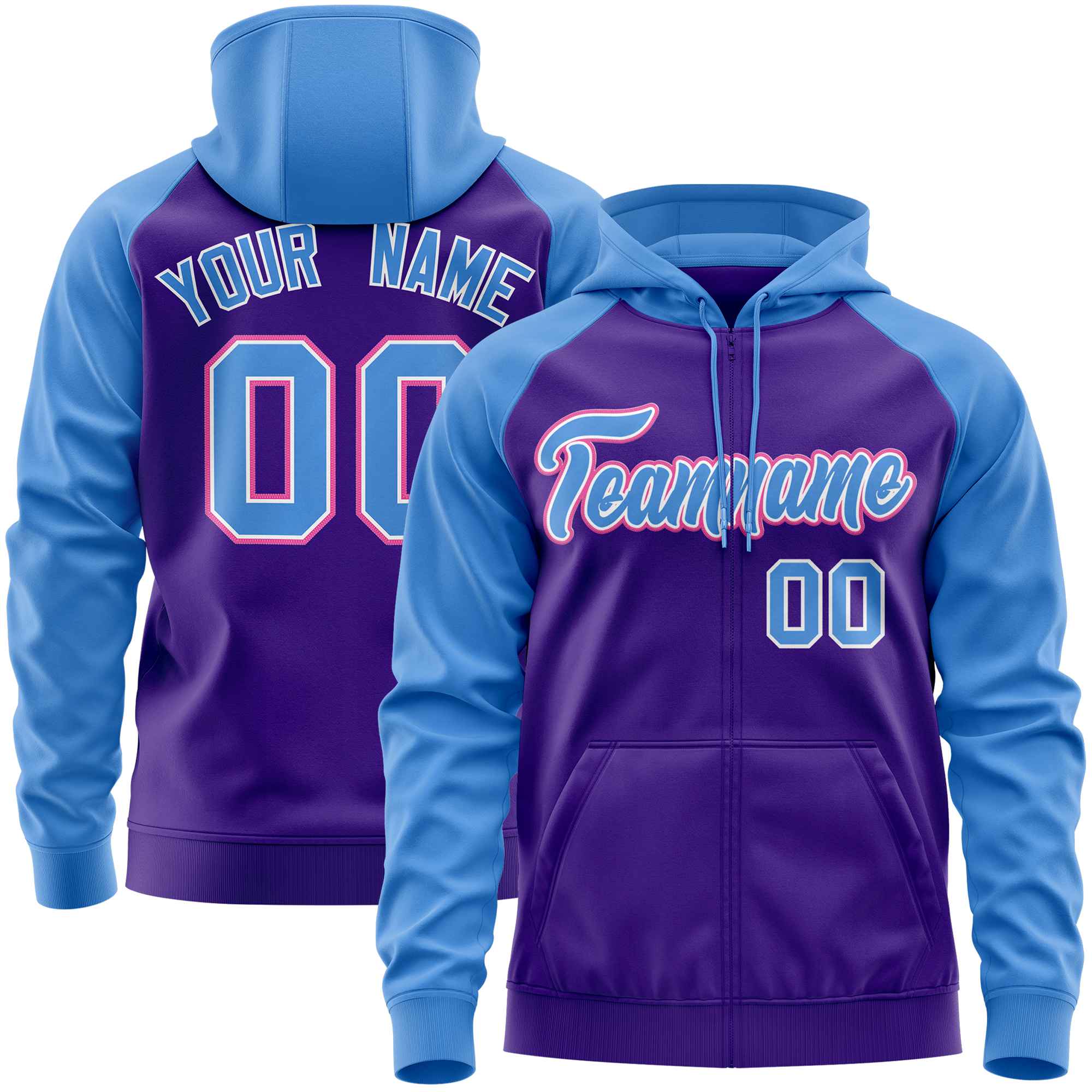 Custom Stitched Purple Powder Blue Raglan Sleeves Sports Full-Zip Sweatshirt Hoodie