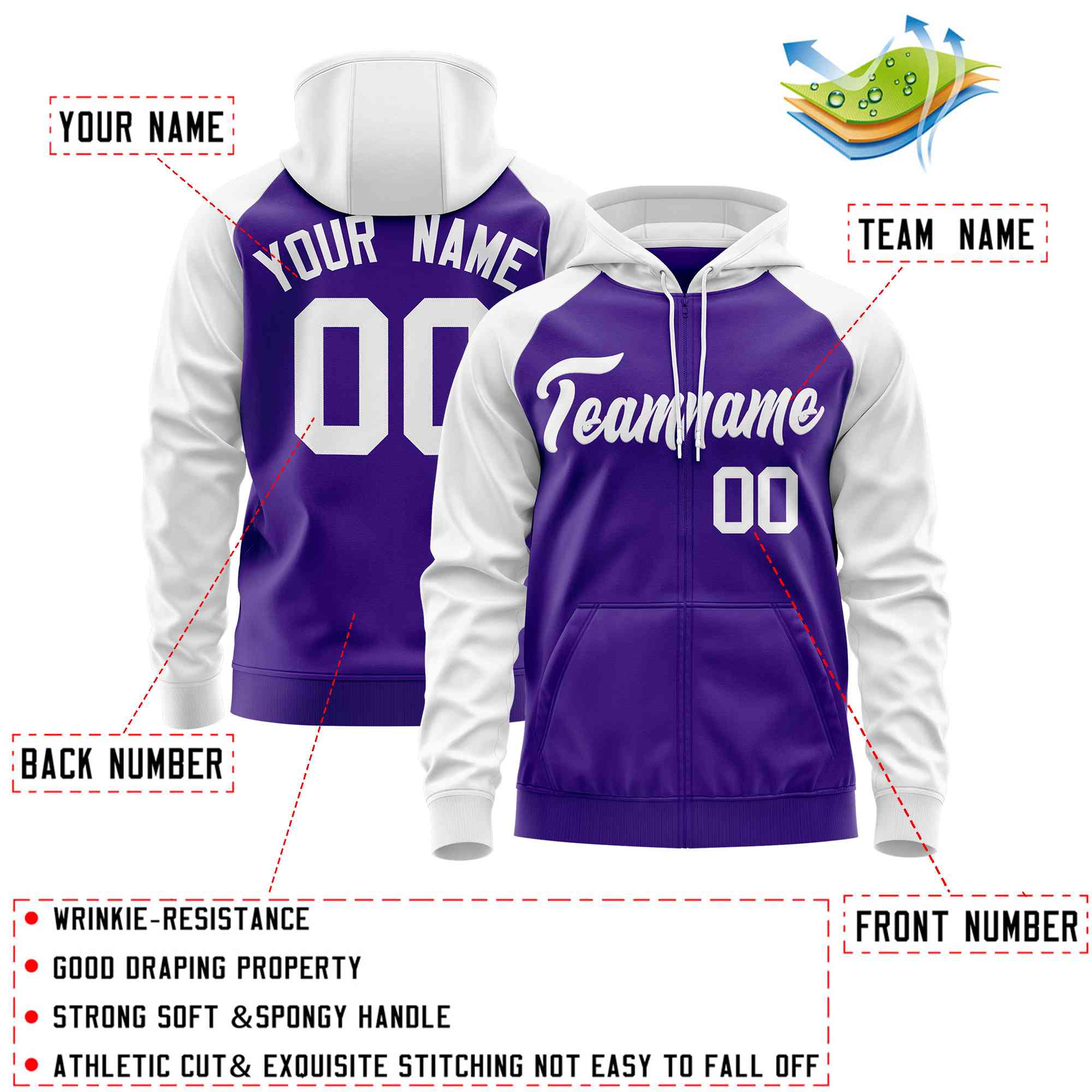 Custom Stitched Purple White Raglan Sleeves Sports Full-Zip Sweatshirt Hoodie