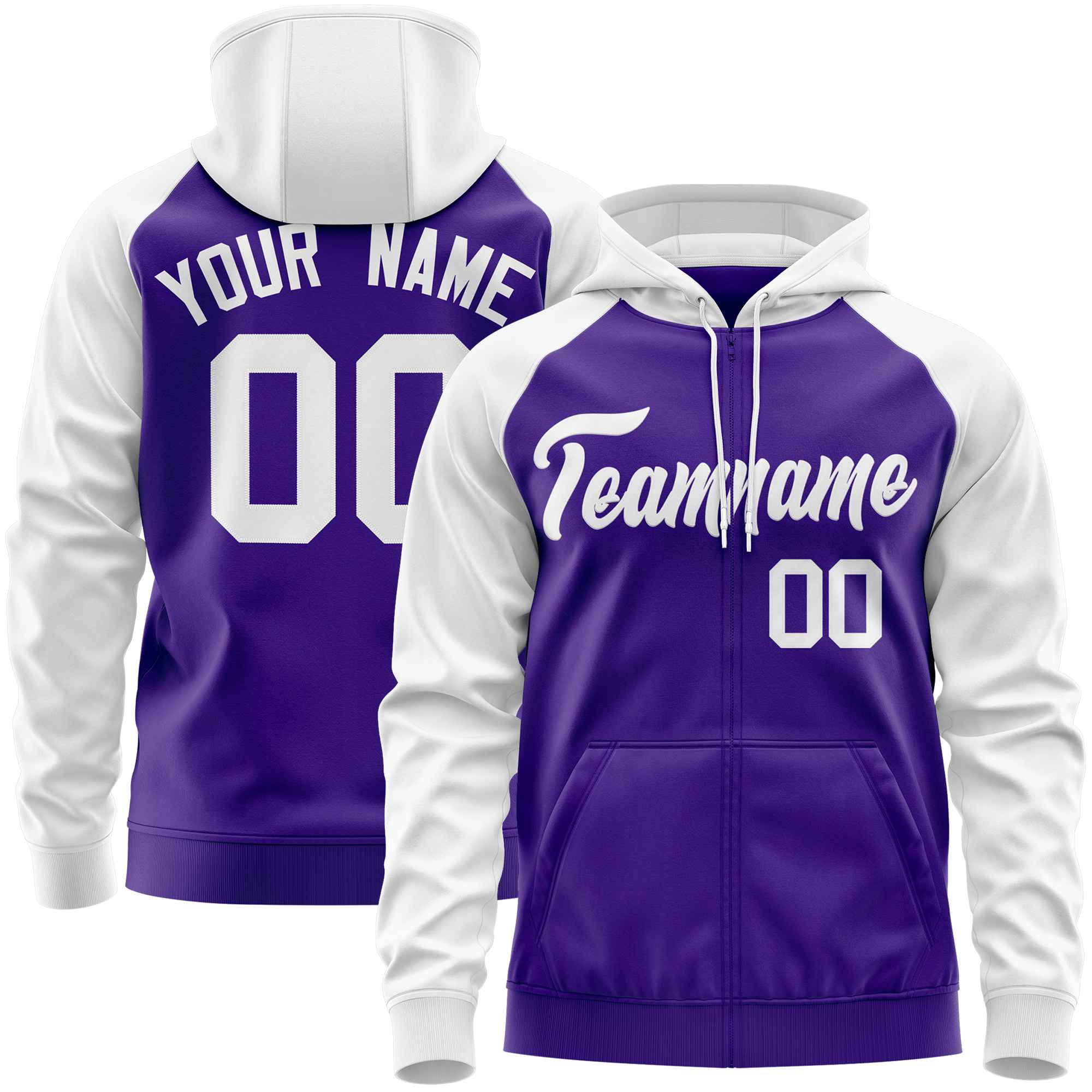 Custom Stitched Purple White Raglan Sleeves Sports Full-Zip Sweatshirt Hoodie