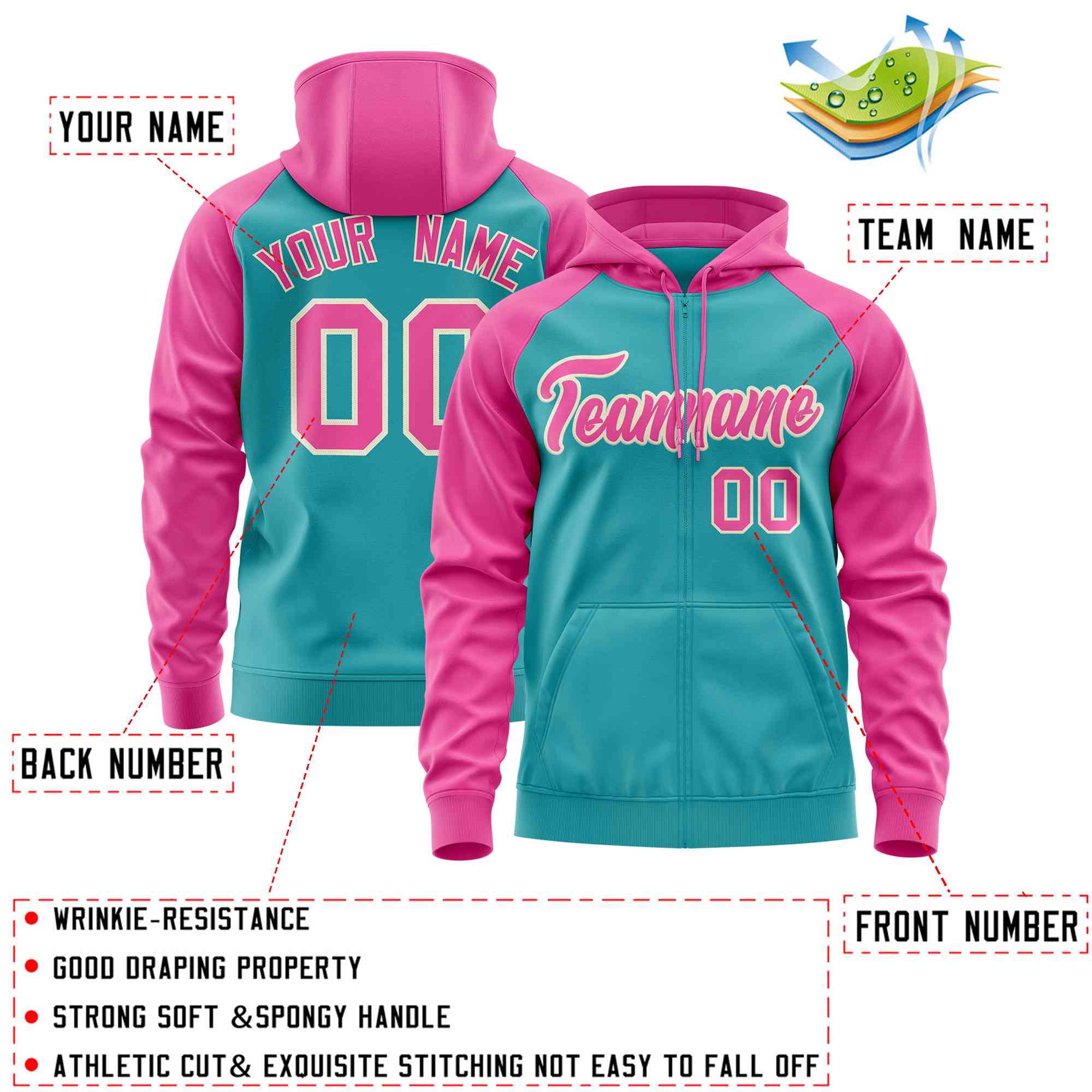 Custom Stitched Aqua Pink Raglan Sleeves Sports Full-Zip Sweatshirt Hoodie