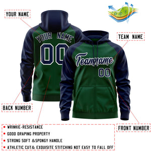 Custom Stitched Green Navy-White Raglan Sleeves Sports Full-Zip Sweatshirt Hoodie