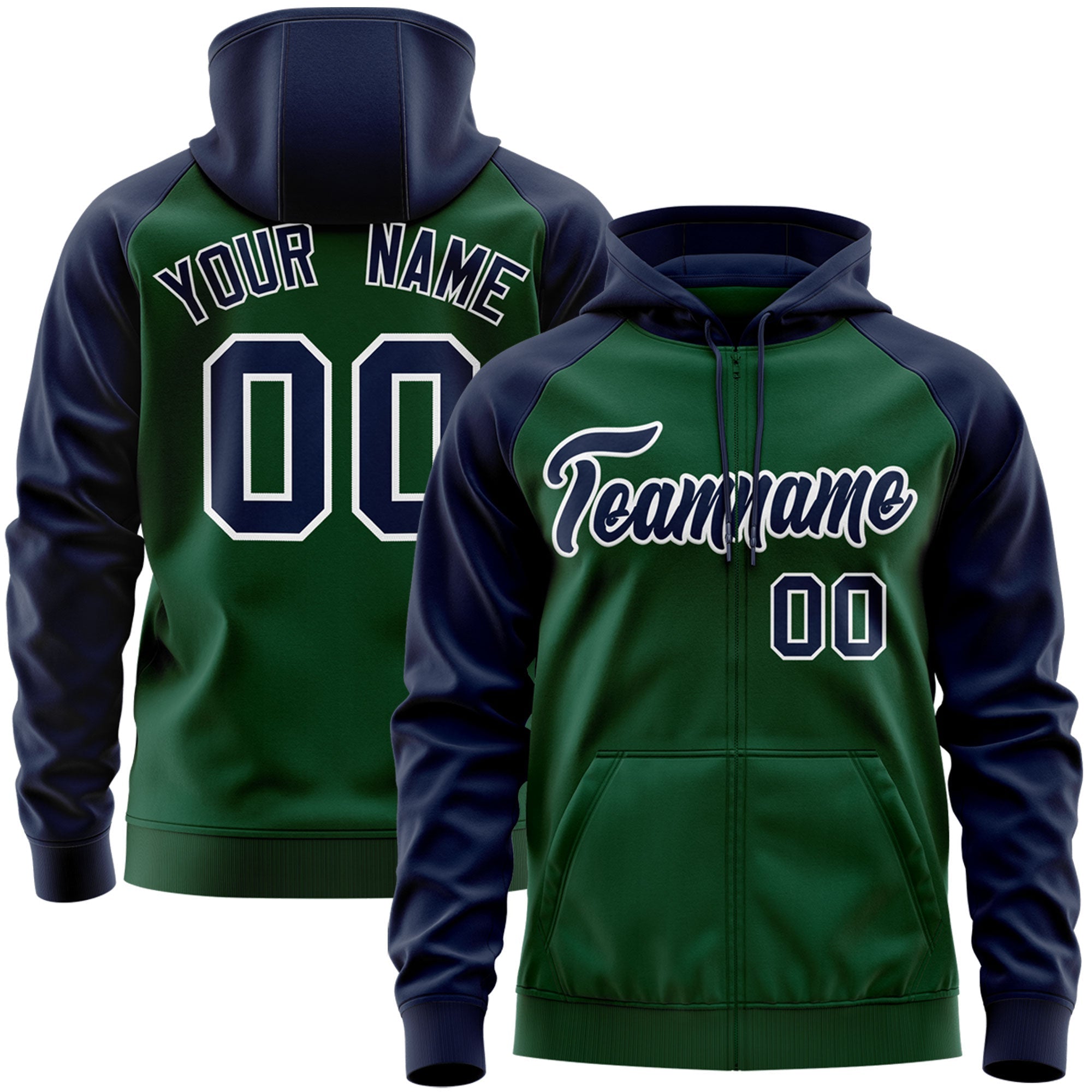 Custom Stitched Green Navy-White Raglan Sleeves Sports Full-Zip Sweatshirt Hoodie