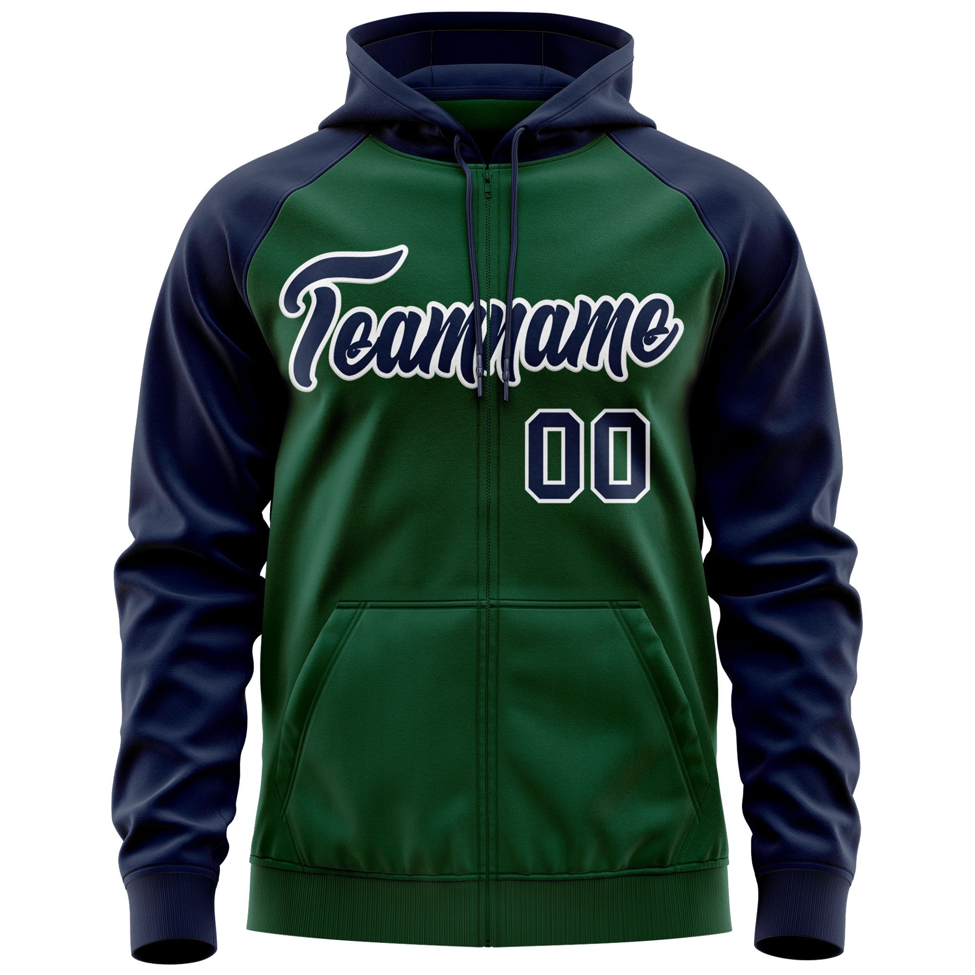 Custom Stitched Green Navy-White Raglan Sleeves Sports Full-Zip Sweatshirt Hoodie