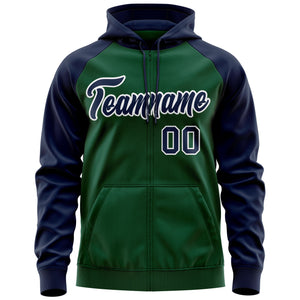 Custom Stitched Green Navy-White Raglan Sleeves Sports Full-Zip Sweatshirt Hoodie