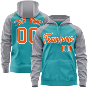 Custom Stitched Aqua Light Gray-Orange Raglan Sleeves Sports Full-Zip Sweatshirt Hoodie