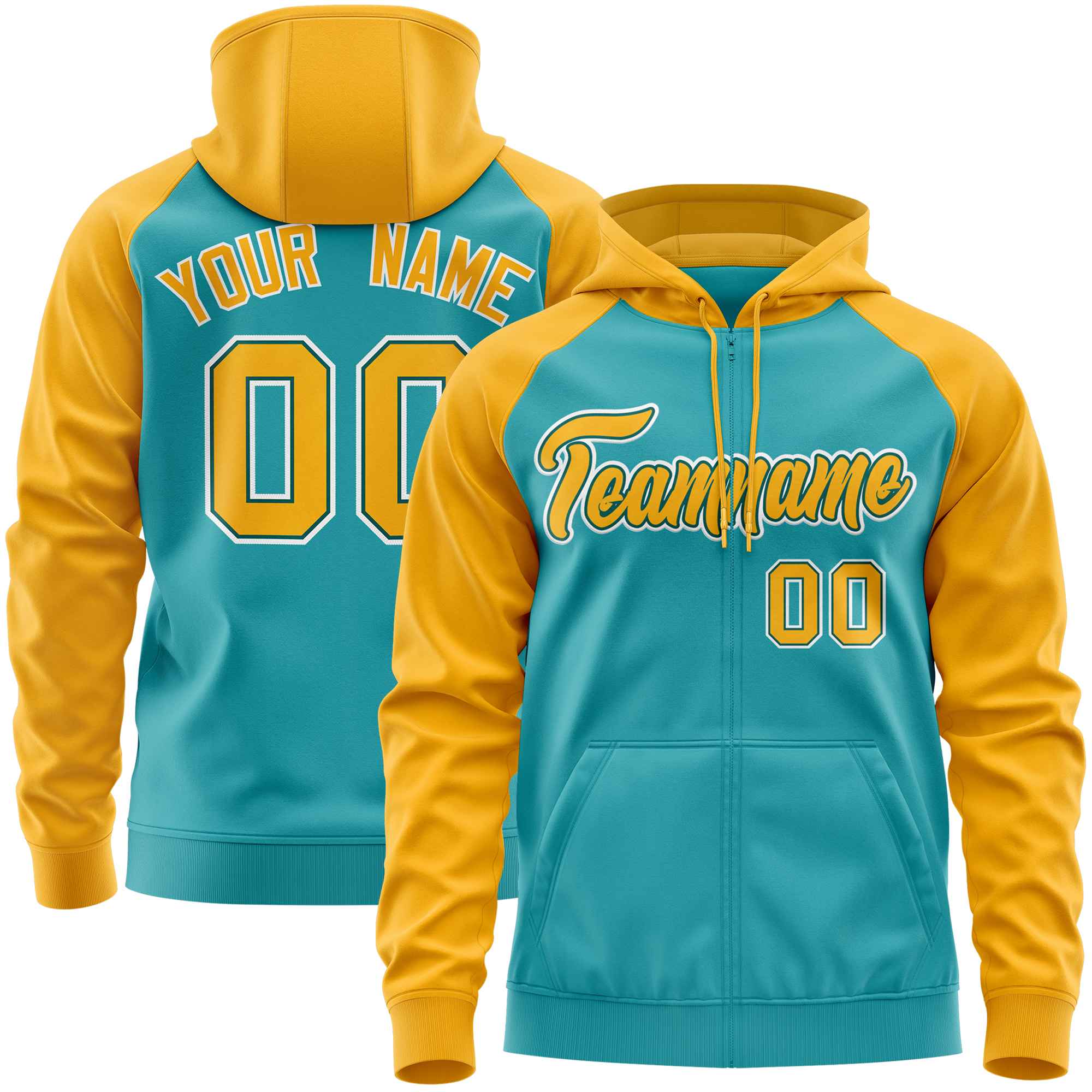 Custom Stitched Aqua Gold Raglan Sleeves Sports Full-Zip Sweatshirt Hoodie