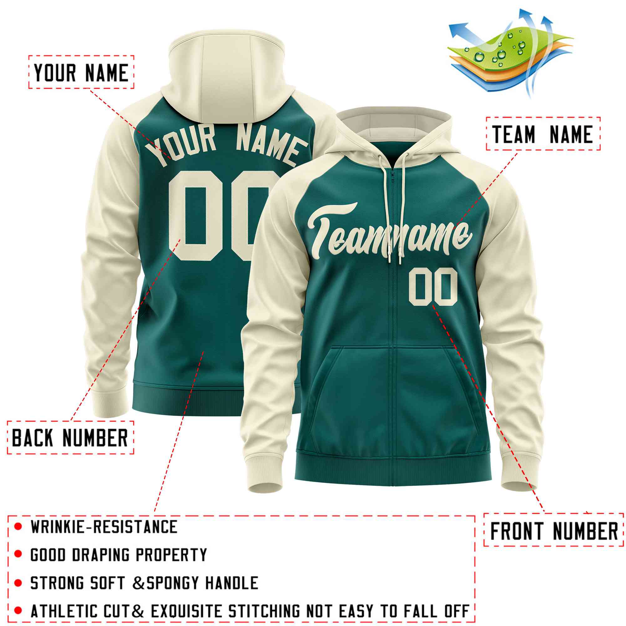 Custom Stitched Aqua Cream Raglan Sleeves Sports Full-Zip Sweatshirt Hoodie