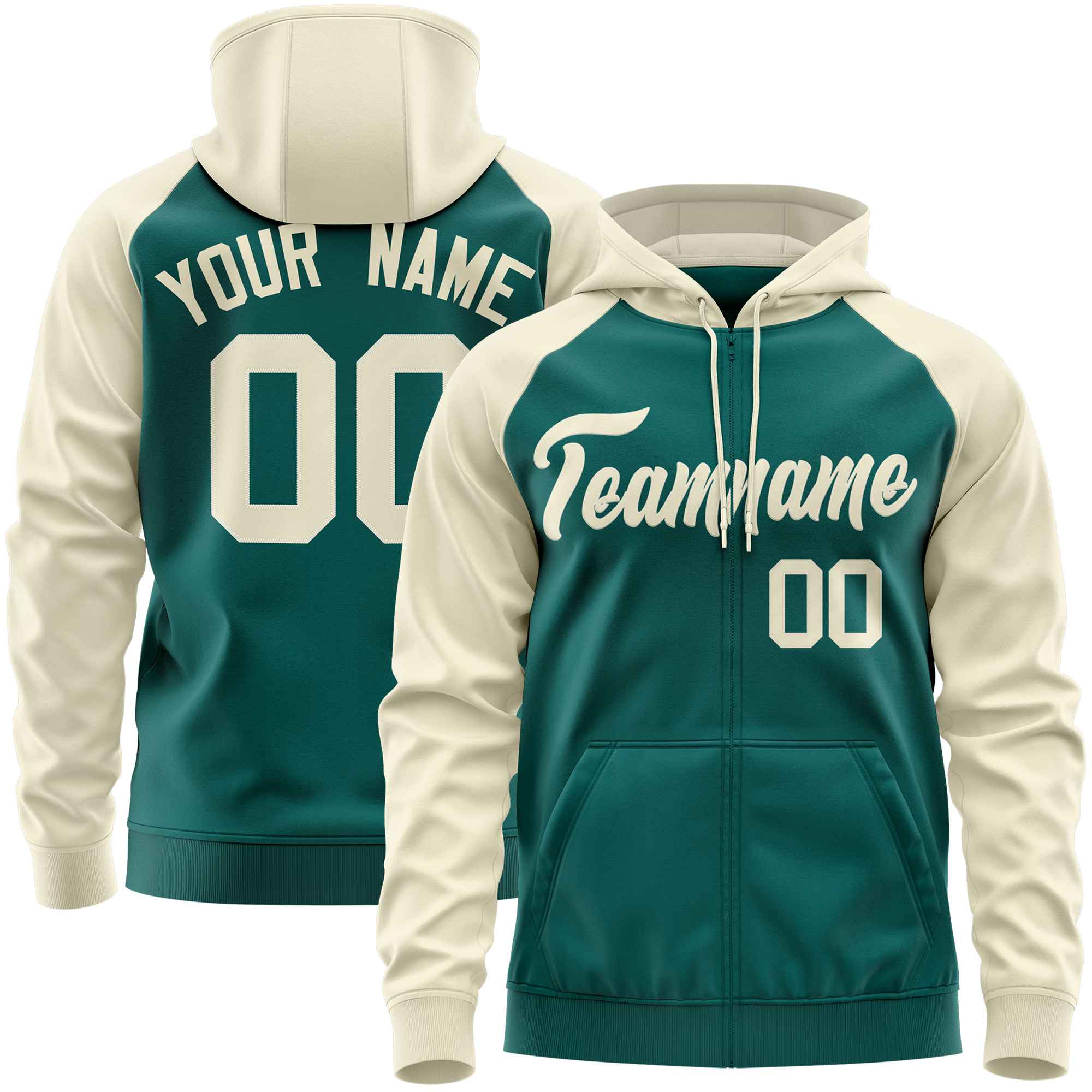 Custom Stitched Aqua Cream Raglan Sleeves Sports Full-Zip Sweatshirt Hoodie