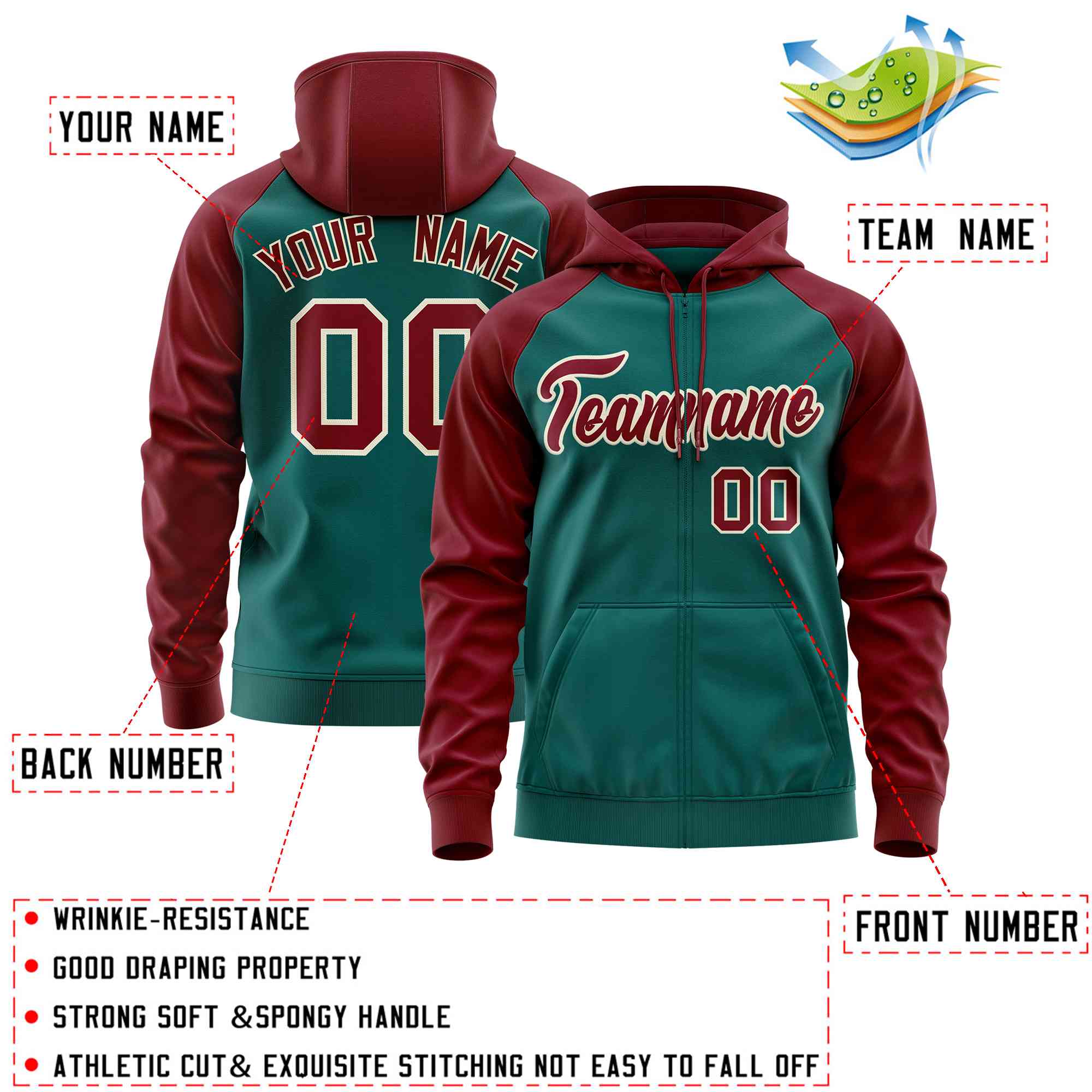 Custom Stitched Aqua Crimson Raglan Sleeves Sports Full-Zip Sweatshirt Hoodie