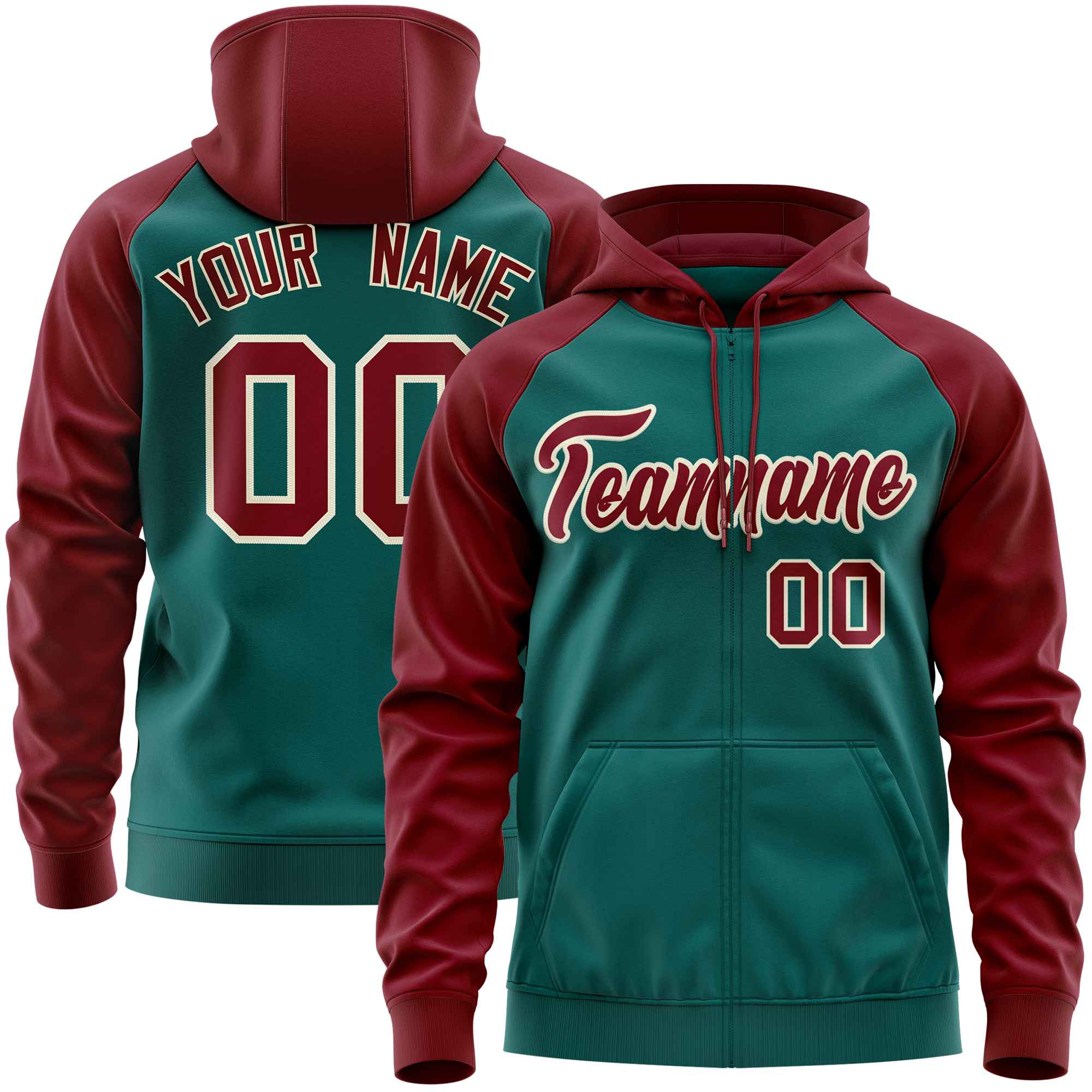 Custom Stitched Aqua Crimson Raglan Sleeves Sports Full-Zip Sweatshirt Hoodie