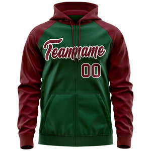 Custom Stitched Green Crimson-White Raglan Sleeves Sports Full-Zip Sweatshirt Hoodie