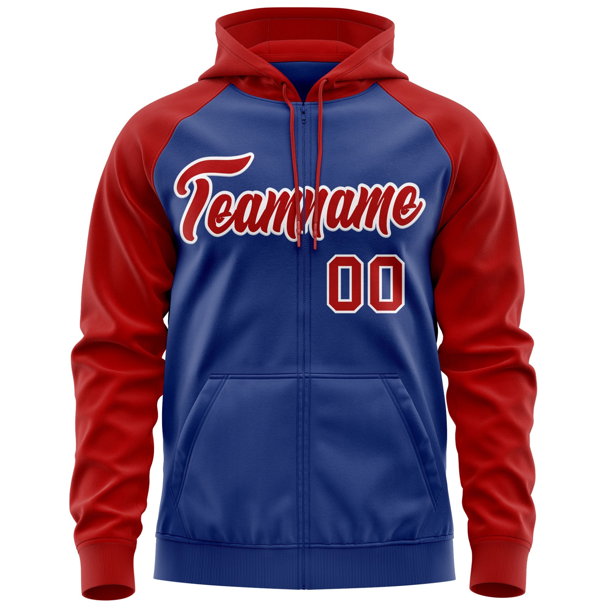 Custom Stitched Royal Red-White Raglan Sleeves Sports Full-Zip Sweatshirt Hoodie