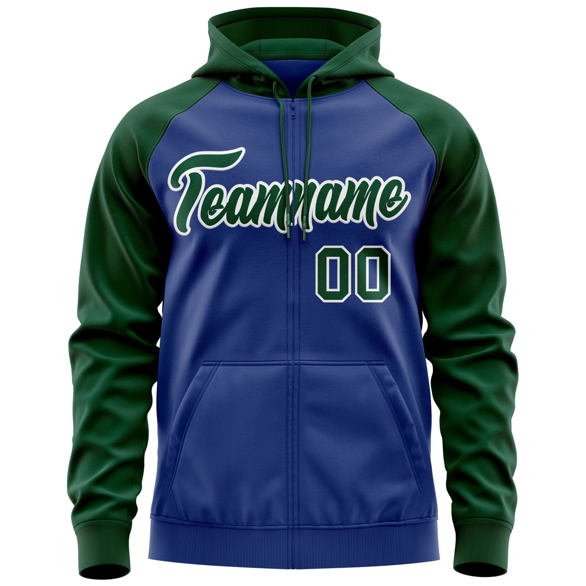 Custom Stitched Royal Green-White Raglan Sleeves Sports Full-Zip Sweatshirt Hoodie