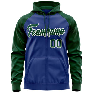 Custom Stitched Royal Green-White Raglan Sleeves Sports Full-Zip Sweatshirt Hoodie