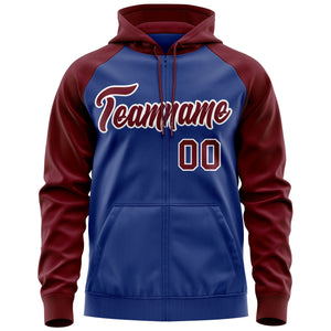 Custom Stitched Royal Crimson-White Raglan Sleeves Sports Full-Zip Sweatshirt Hoodie