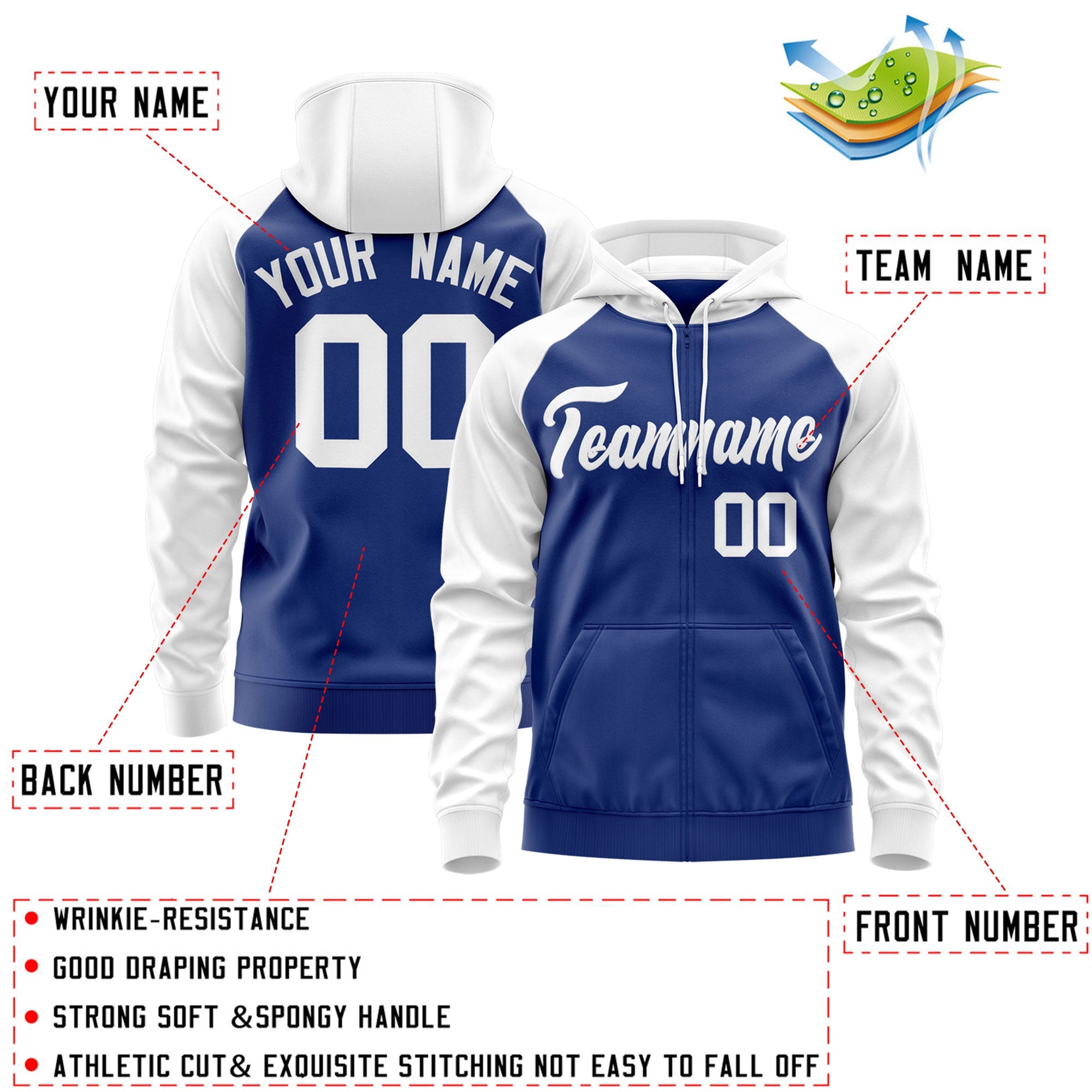 Custom Stitched Royal White Raglan Sleeves Sports Full-Zip Sweatshirt Hoodie