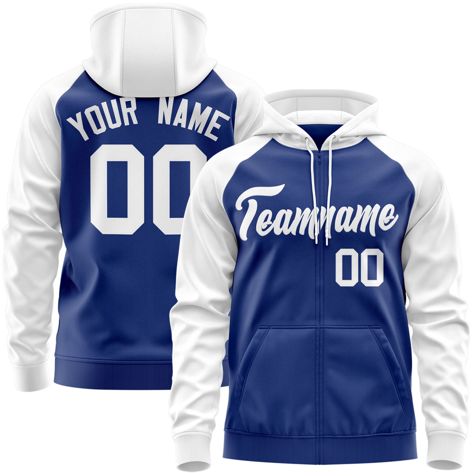 Custom Stitched Royal White Raglan Sleeves Sports Full-Zip Sweatshirt Hoodie