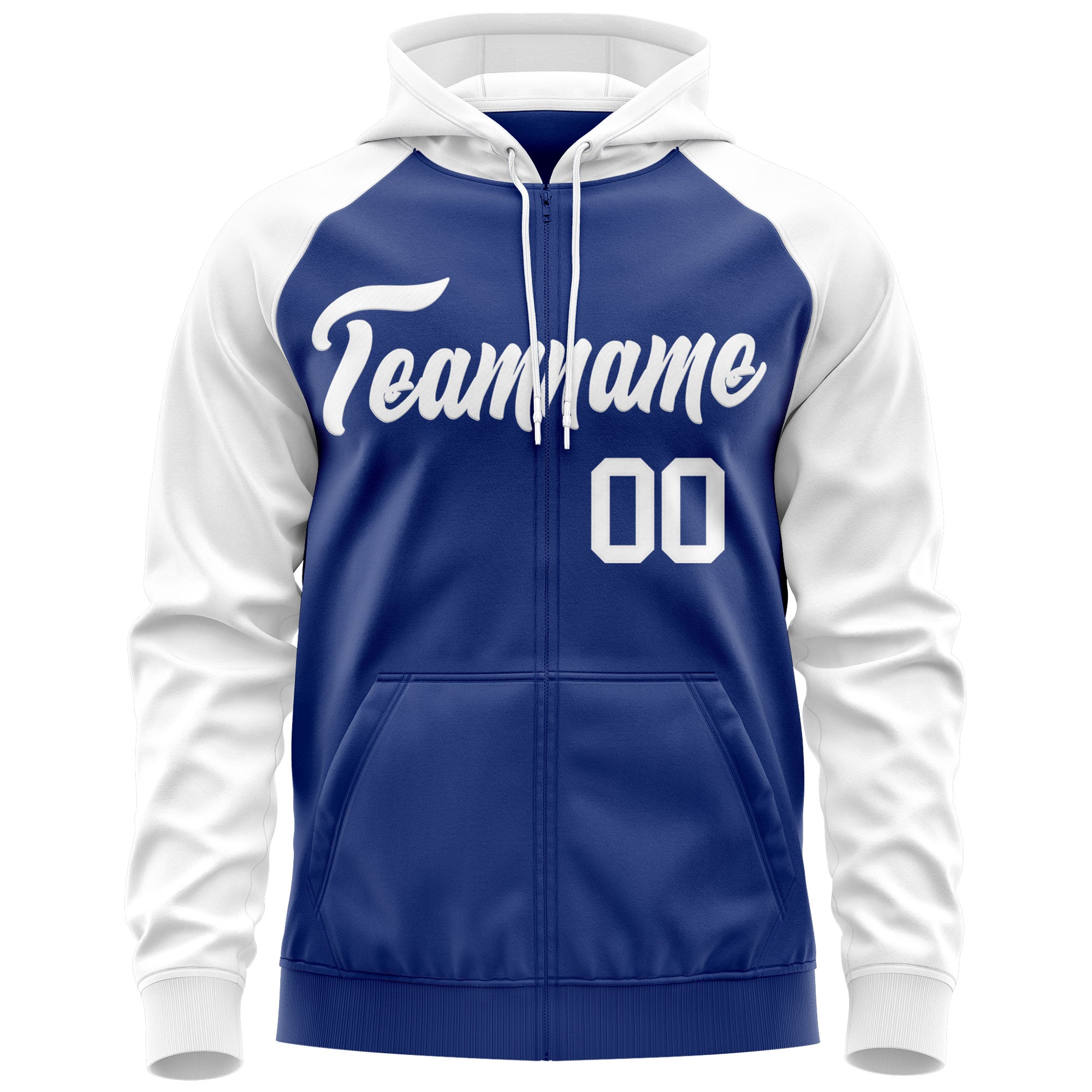 Custom Stitched Royal White Raglan Sleeves Sports Full-Zip Sweatshirt Hoodie