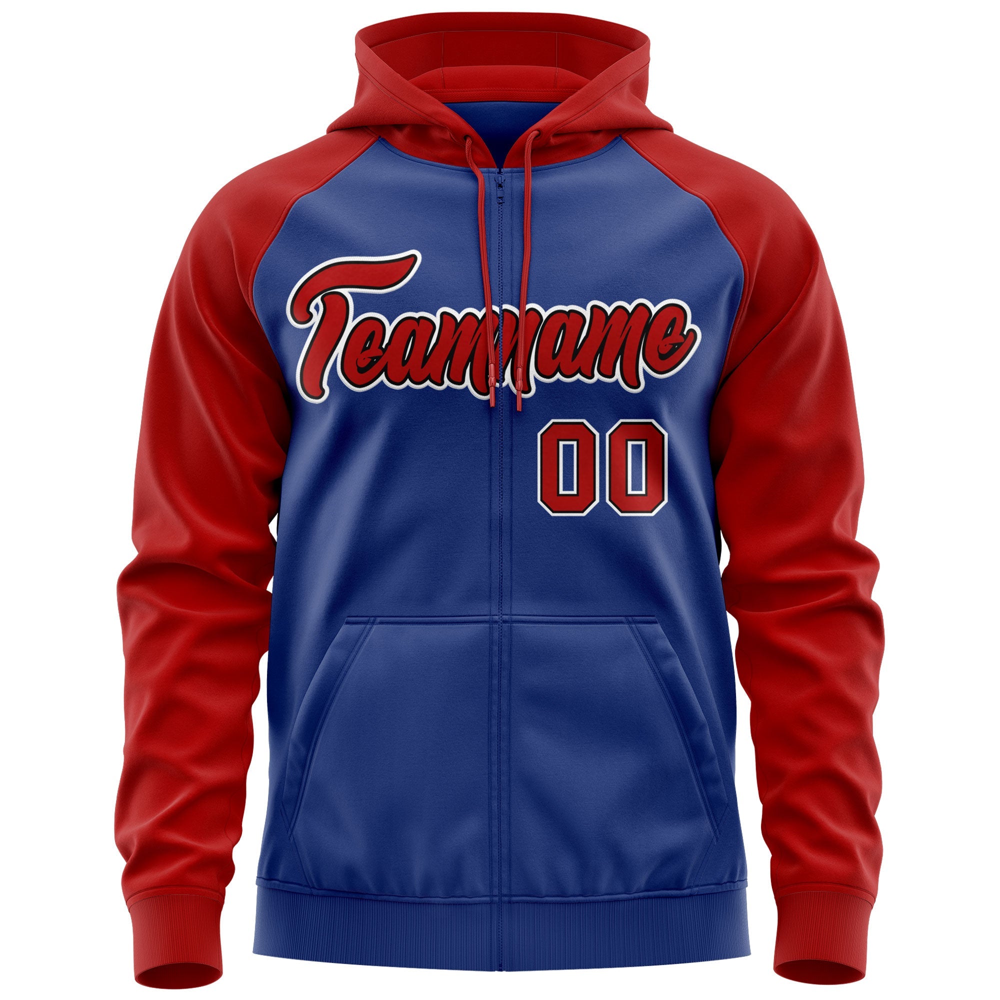 Custom Stitched Royal Red-White Raglan Sleeves Sports Full-Zip Sweatshirt Hoodie