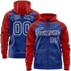 Custom Stitched Royal Red-White Raglan Sleeves Sports Full-Zip Sweatshirt Hoodie