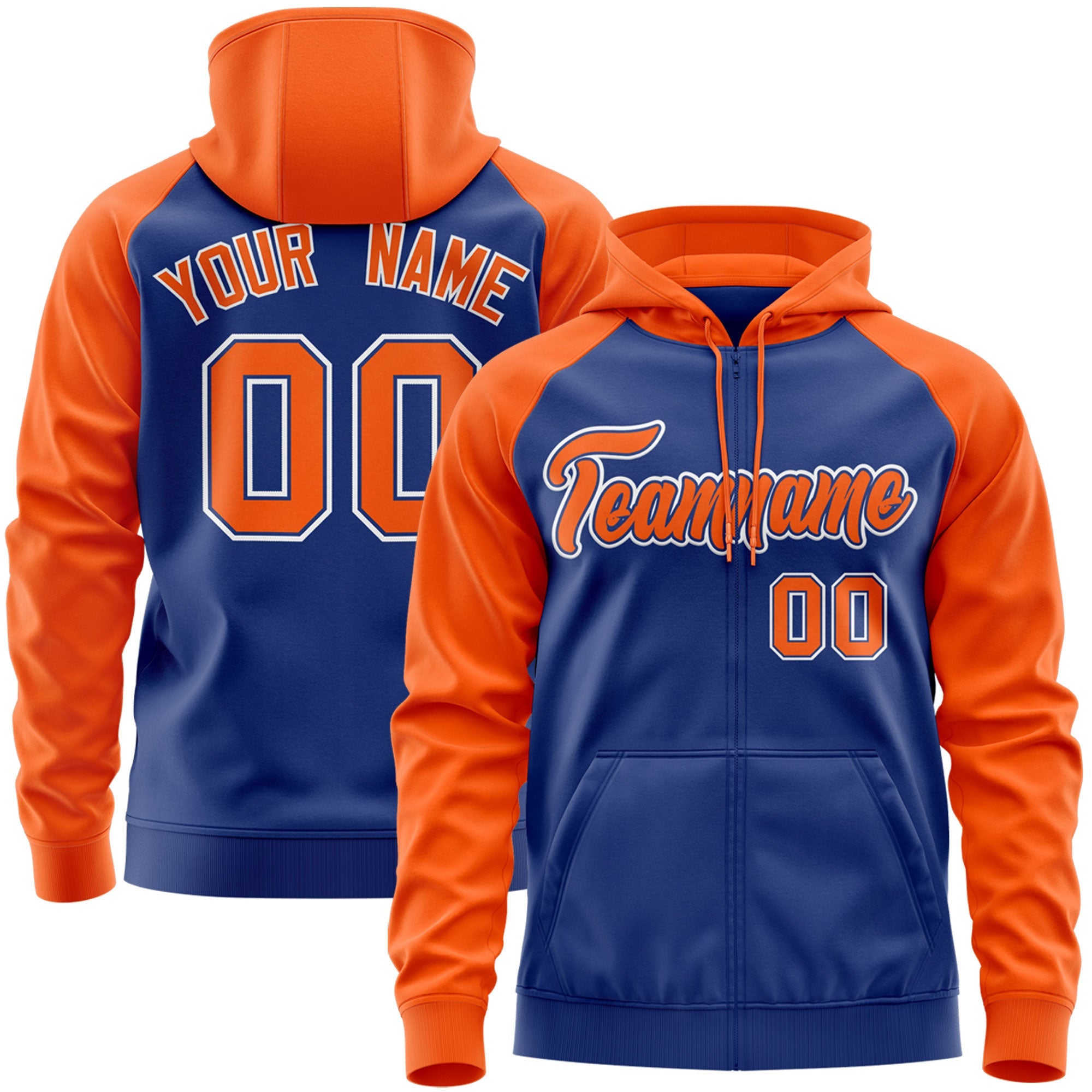 Custom Stitched Royal Orange-White Raglan Sleeves Sports Full-Zip Sweatshirt Hoodie