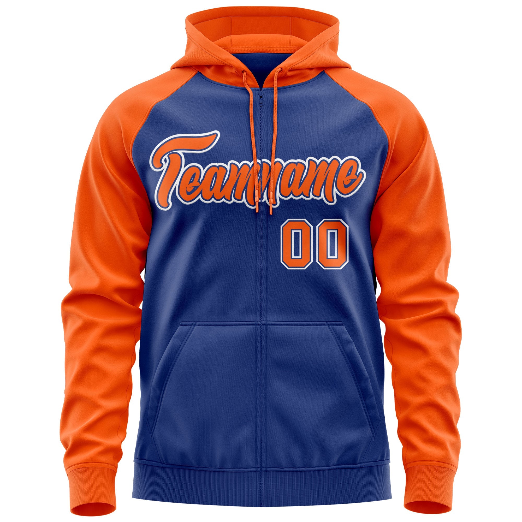 Custom Stitched Royal Orange-White Raglan Sleeves Sports Full-Zip Sweatshirt Hoodie