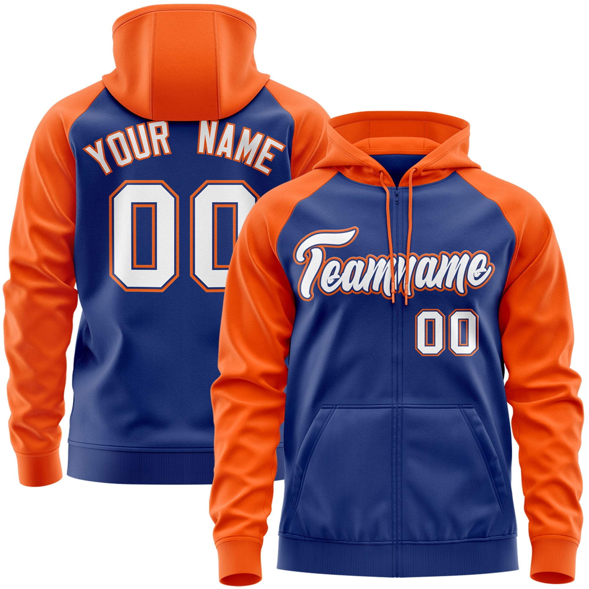 Custom Stitched Royal White-Orange Raglan Sleeves Sports Full-Zip Sweatshirt Hoodie