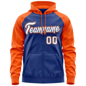 Custom Stitched Royal White-Orange Raglan Sleeves Sports Full-Zip Sweatshirt Hoodie