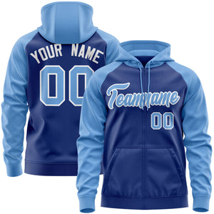 Custom Stitched Royal Light Blue-White Raglan Sleeves Sports Full-Zip Sweatshirt Hoodie