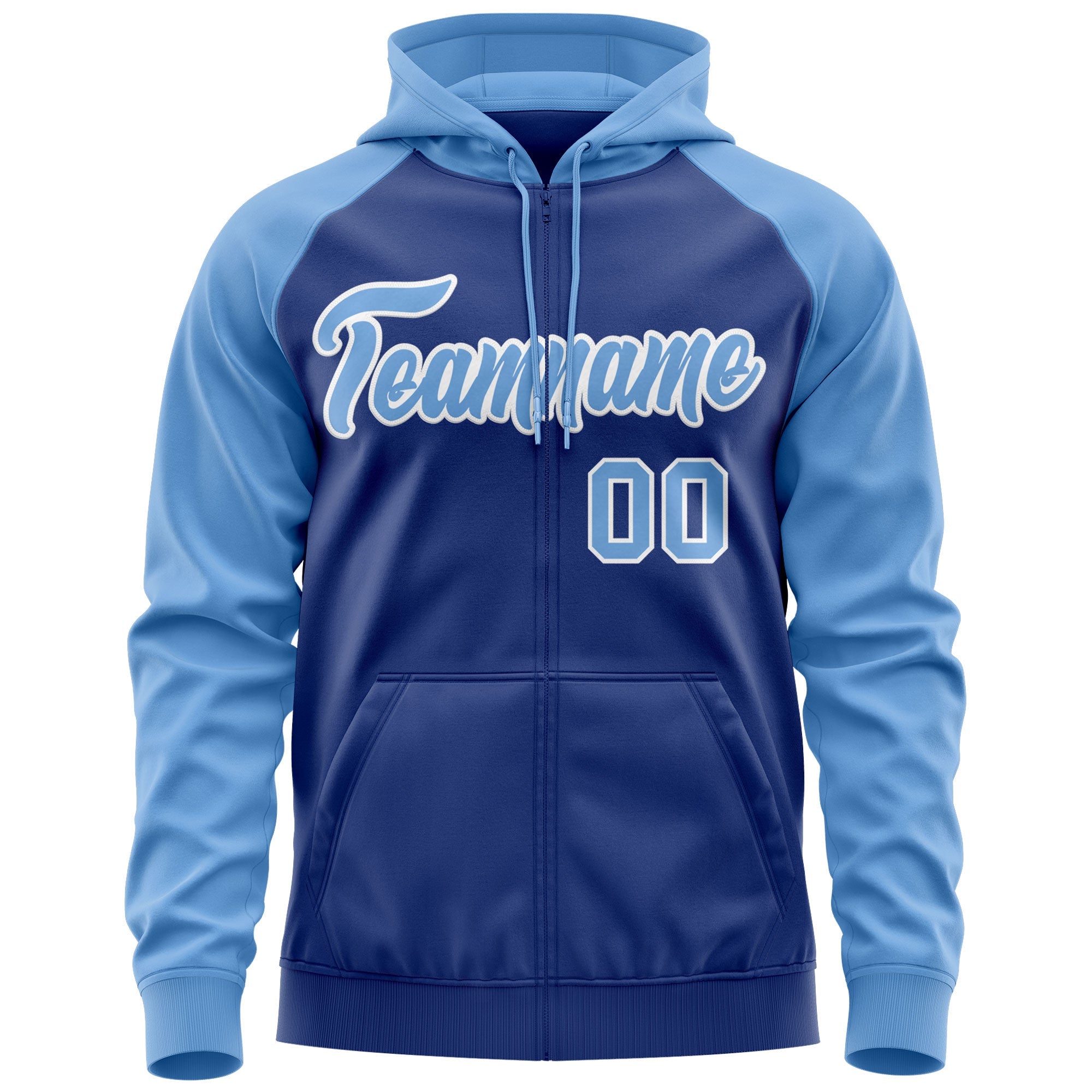 Custom Stitched Royal Light Blue-White Raglan Sleeves Sports Full-Zip Sweatshirt Hoodie