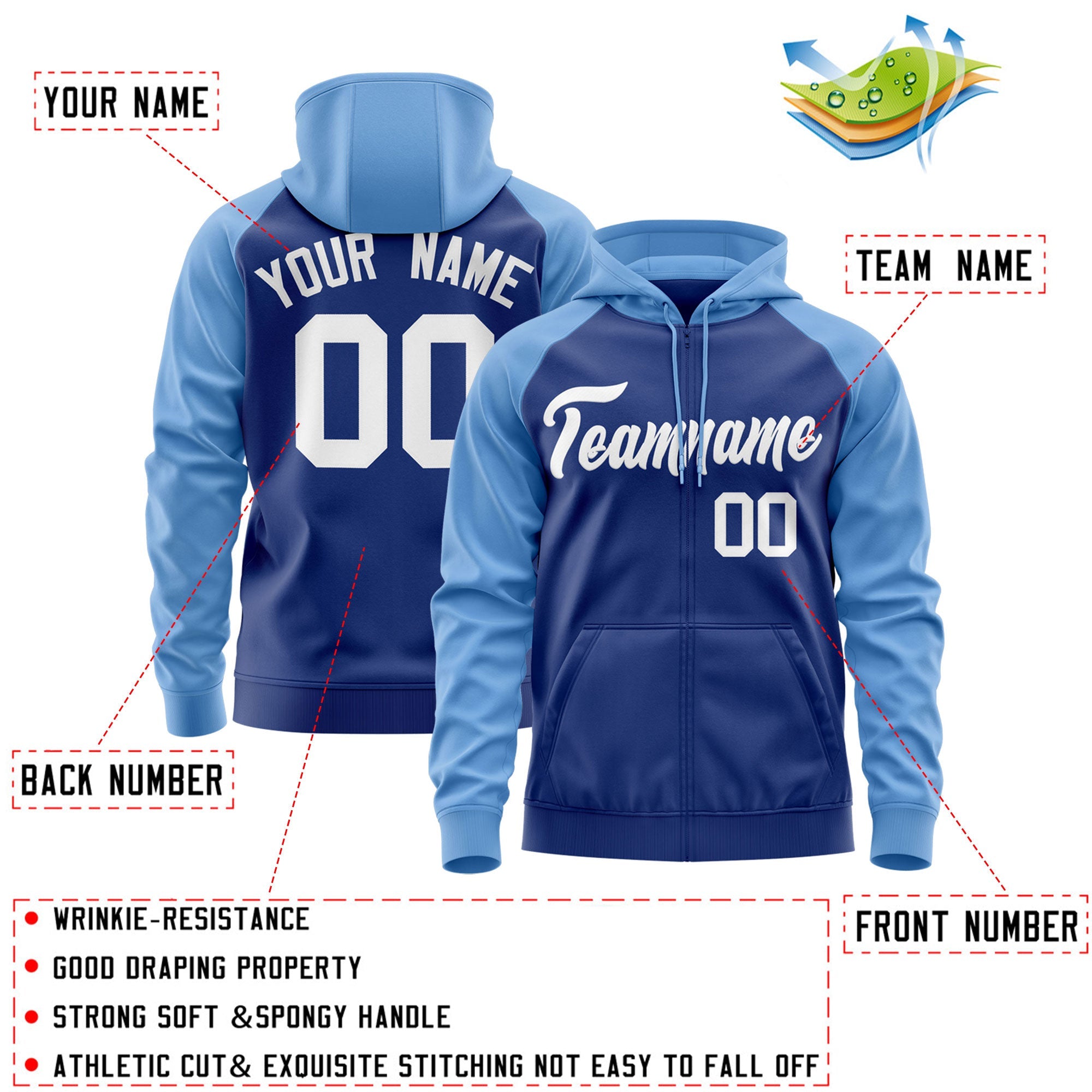 Custom Stitched Royal White-Light Blue Raglan Sleeves Sports Full-Zip Sweatshirt Hoodie