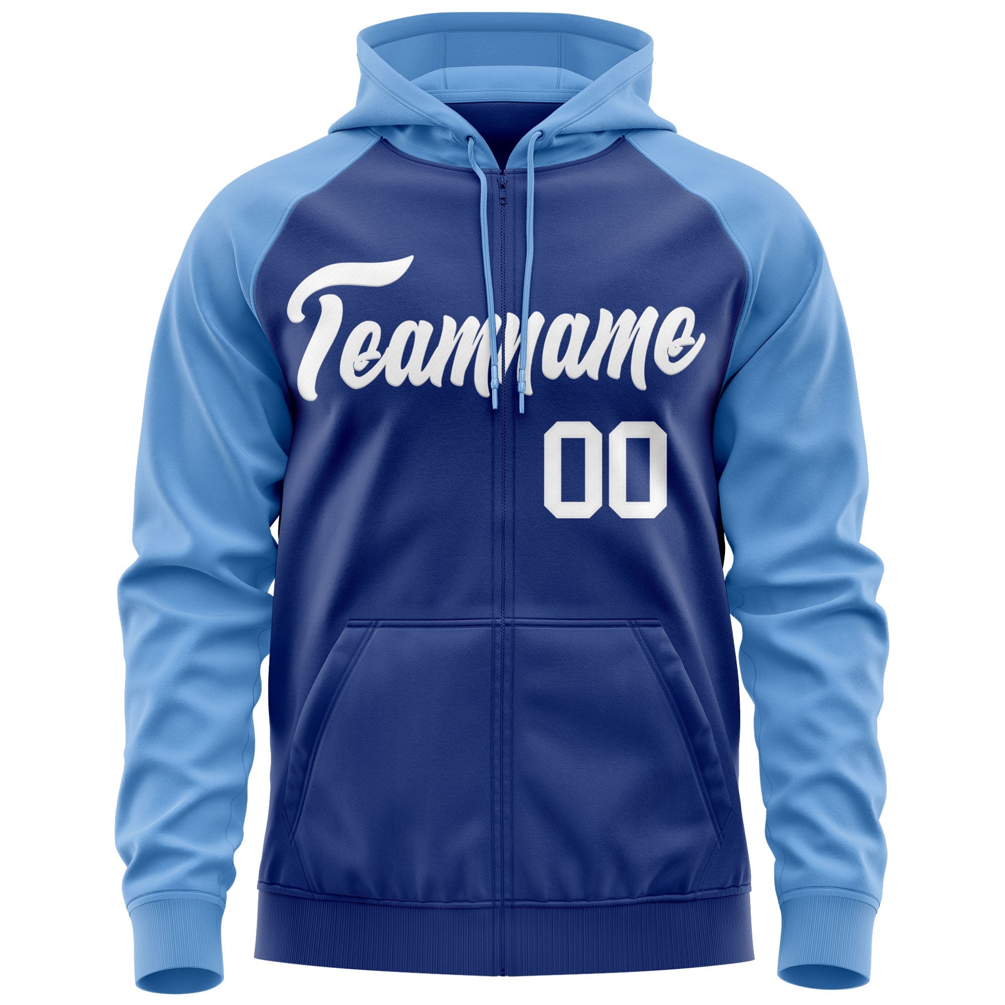 Custom Stitched Royal White-Light Blue Raglan Sleeves Sports Full-Zip Sweatshirt Hoodie