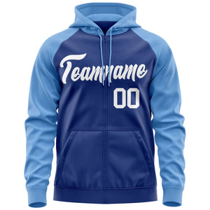 Custom Stitched Royal White-Light Blue Raglan Sleeves Sports Full-Zip Sweatshirt Hoodie