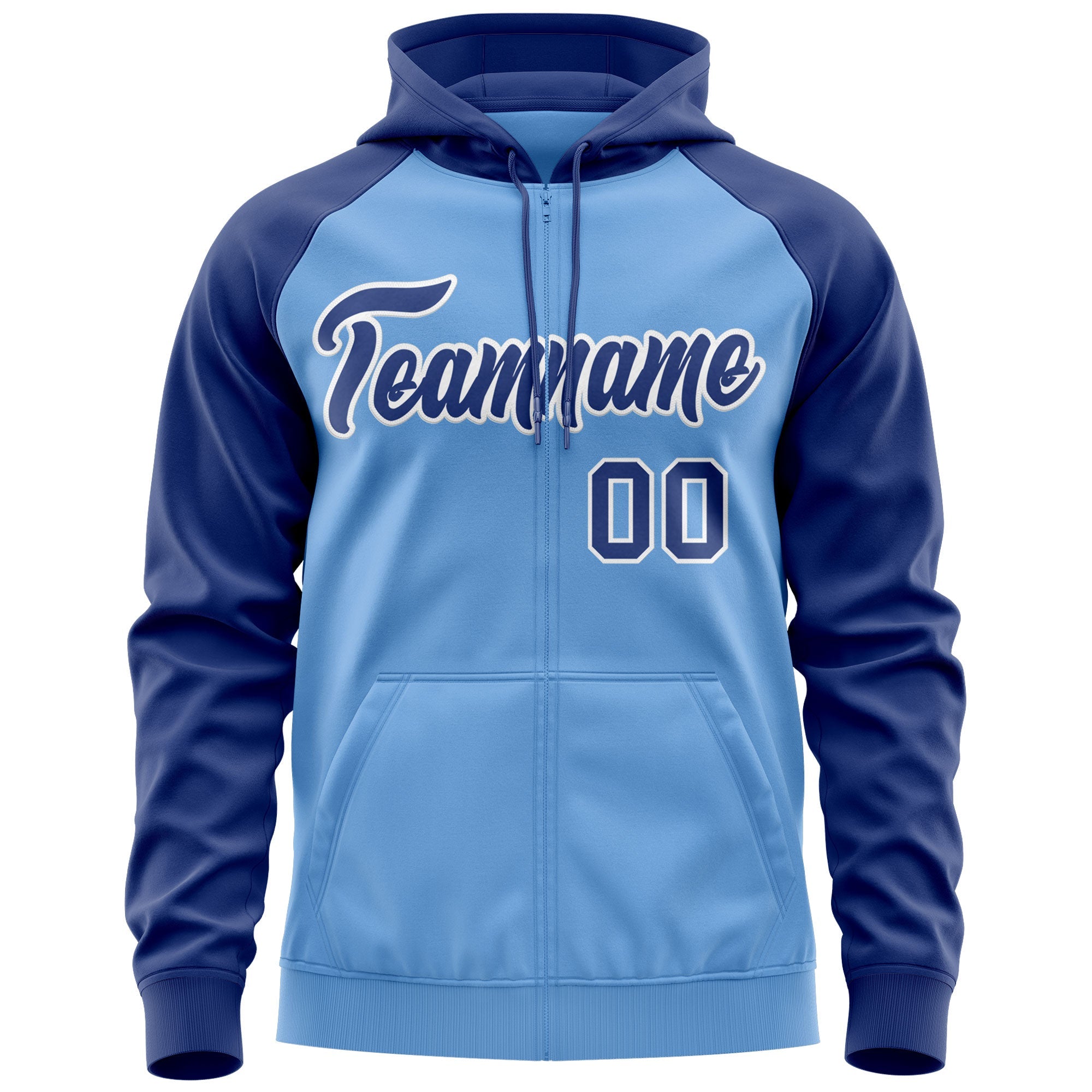 Custom Stitched Light Blue Royal-White Raglan Sleeves Sports Full-Zip Sweatshirt Hoodie