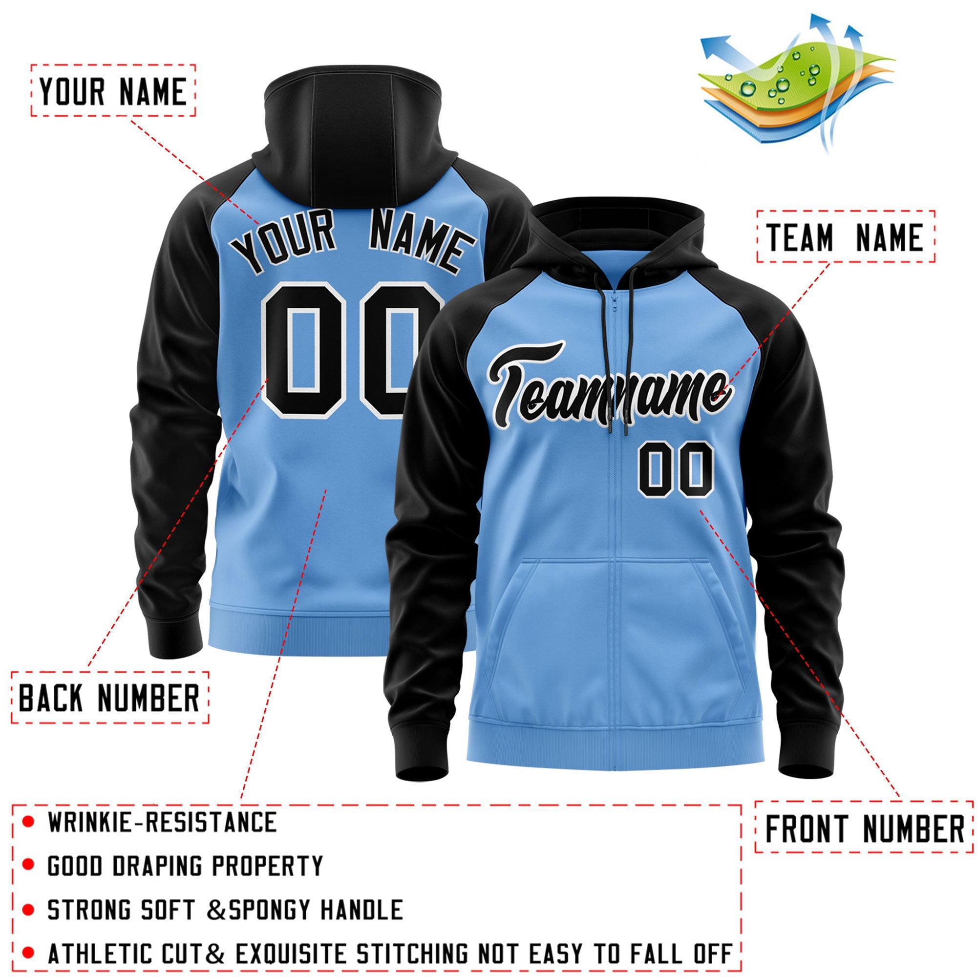 Custom Stitched Light Blue Black-White Raglan Sleeves Sports Full-Zip Sweatshirt Hoodie