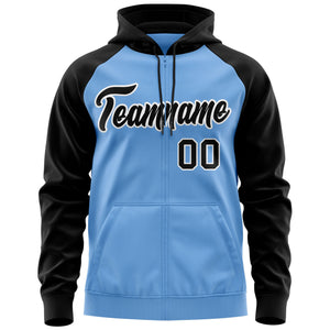 Custom Stitched Light Blue Black-White Raglan Sleeves Sports Full-Zip Sweatshirt Hoodie