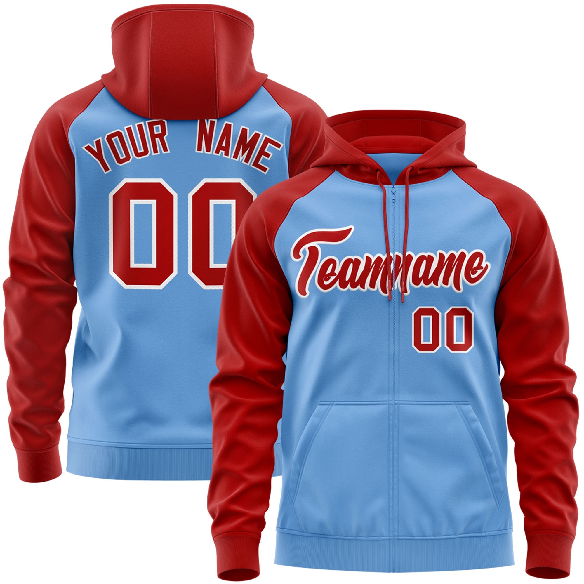 Custom Stitched Light Blue Red-White Raglan Sleeves Sports Full-Zip Sweatshirt Hoodie